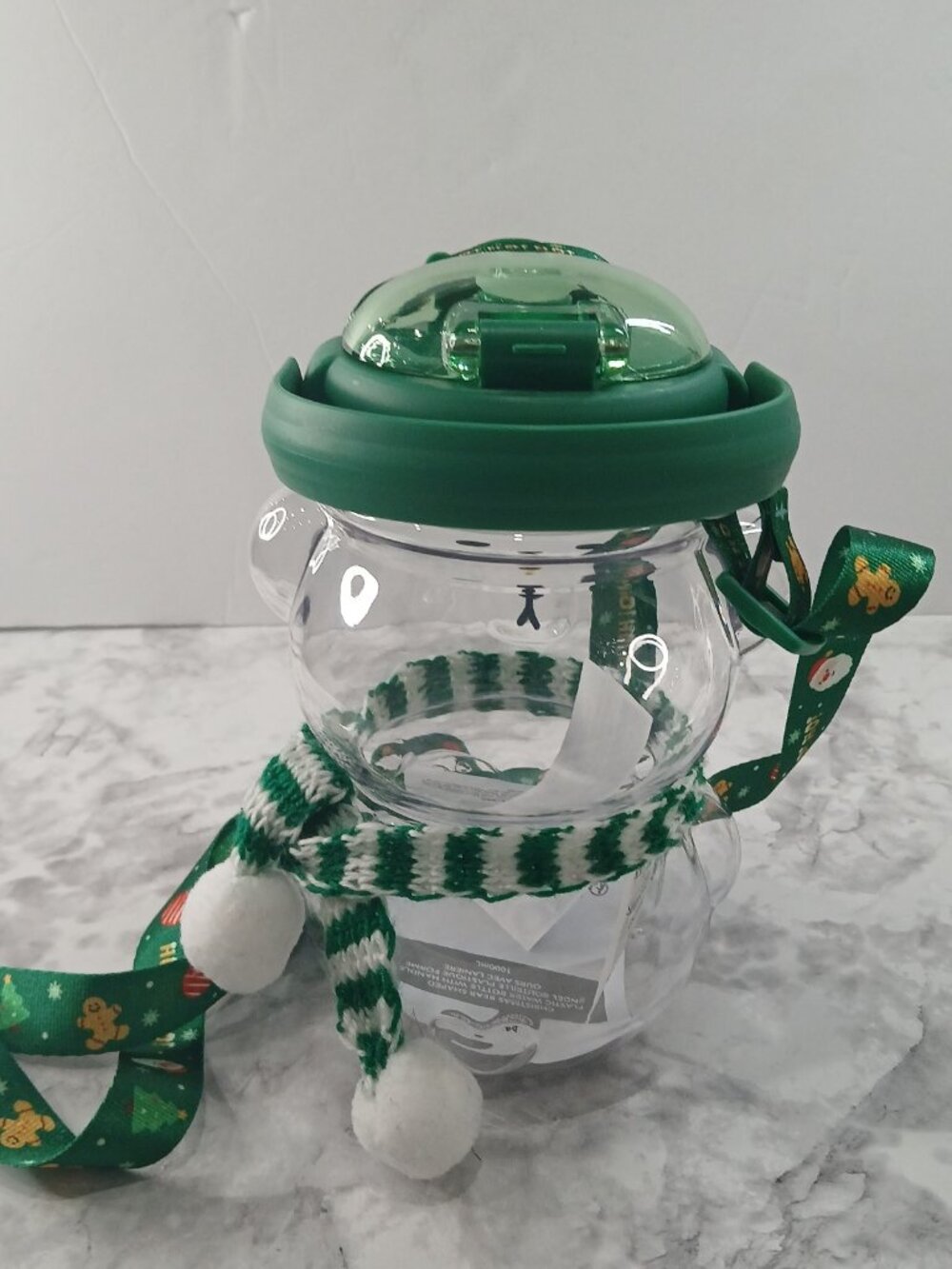 MINISO Christmas Bear Water Bottle 1000mL Green BPA-Free Kids Straw Cup w/ Strap - Picture 4 of 8